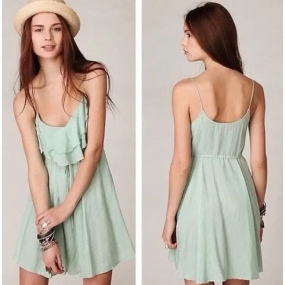 Free People Green Stripe Ruffle Mini Dress Small Flutter Away